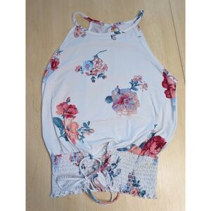 Vivace Flowy Floral Print Cinched Waist Halter Tank Top
